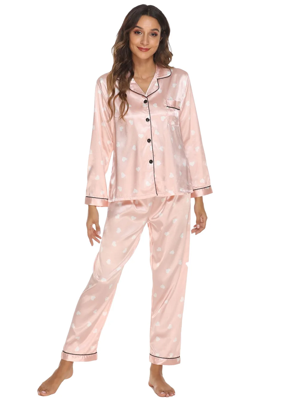 

Women's Satin Loungewear Print Hearts Button Down Pajamas Set Long Sleeve Nightwear Pants Sleepwear Leisure Homewear Loungewear