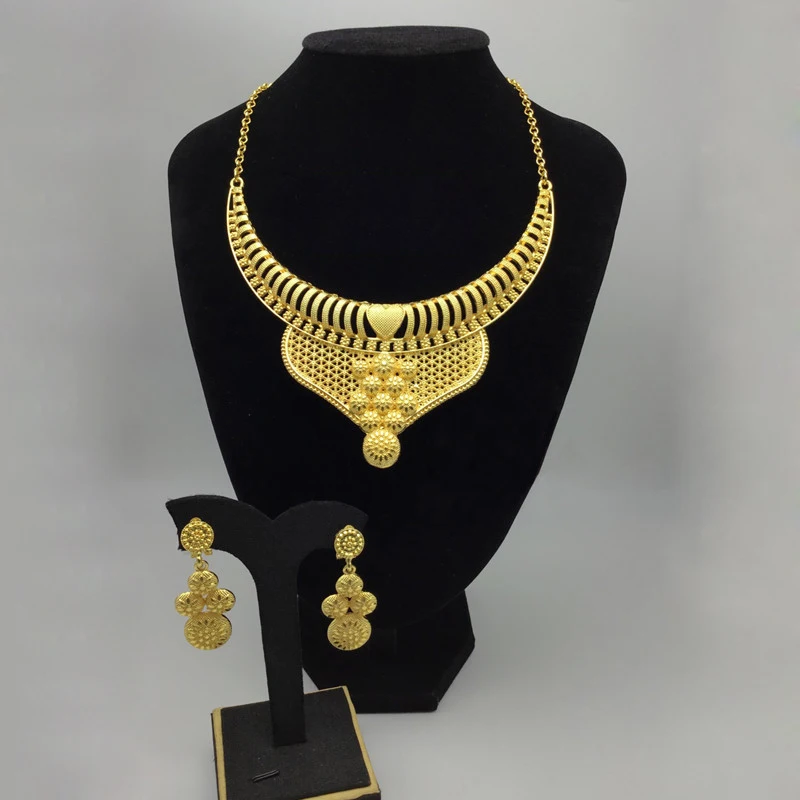 Африканские Ювелирные наборы золотое ожерелье и серьги для женщин ювелирные изделия для свадебной вечеринки Дубай Франция эфиопские сваде...
