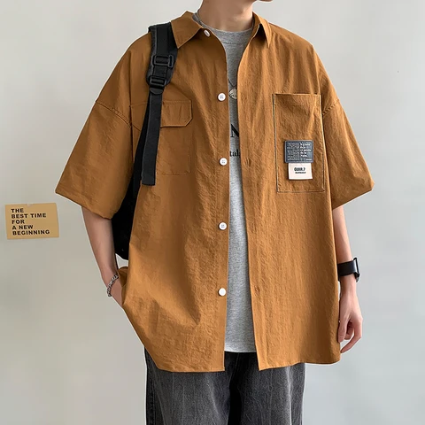 Рубашка мужская оверсайз с коротким рукавом, повседневная японская блузка с лацканами, топ в стиле Хай-стрит, рубашка с несколькими карманами, Лето 5XL