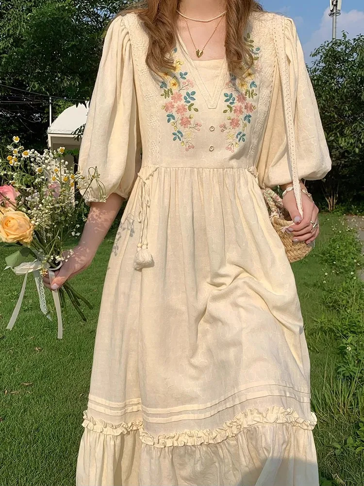 

AIGYPTOS Summer Maxi Dress Women French Vintage Embroidery Tassel Jacquard Dress Elegant Korean Fashion 100%Cotton Long Dress