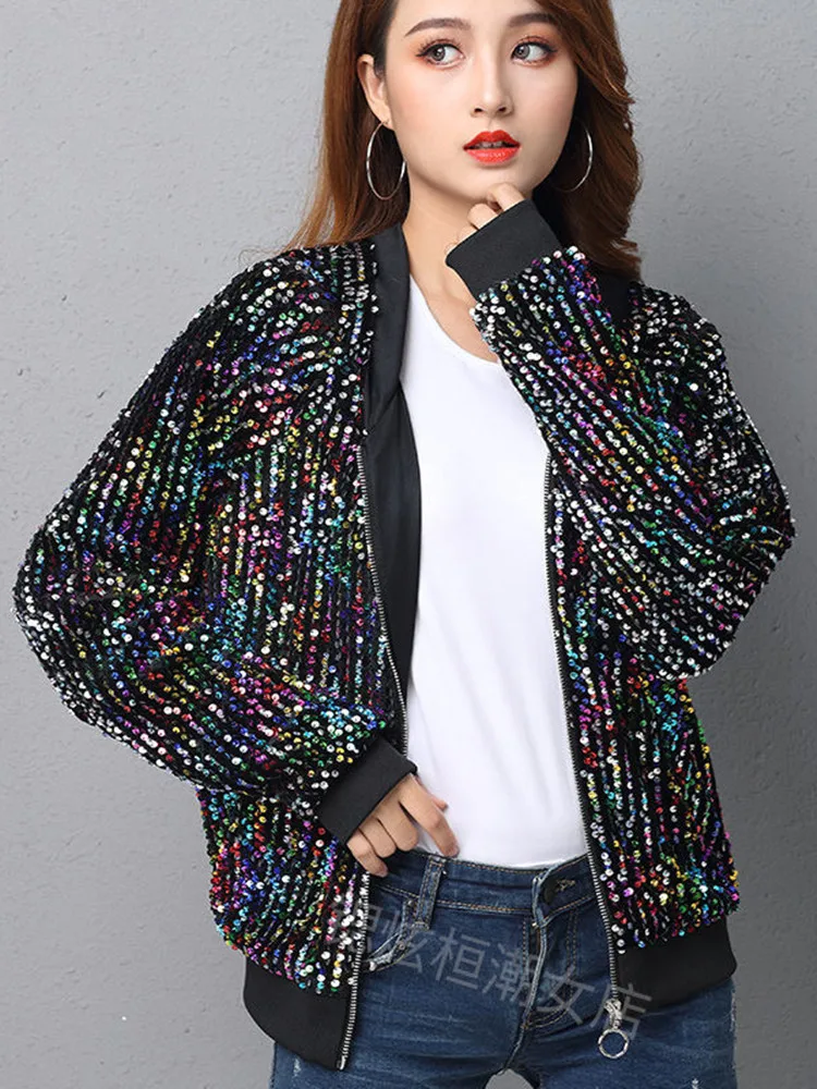 Куртка женская демисезонная с блестками верхняя одежда в полоску на молнии