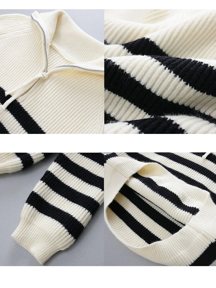 Women's Turtleneck Knit Zipper Sweater Woman Winter 2022 Loose Oversize Jumper Black White Stripe Korean Fashion Pullover Women images - 6