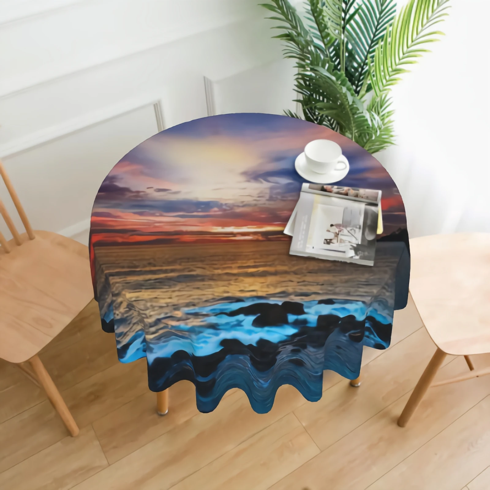 

Ocean Sunset With Great Cloudscape Tablecloth 60 inch Exotic Seaside With Sun Rays Clouds Washable Polyester Table Cloth