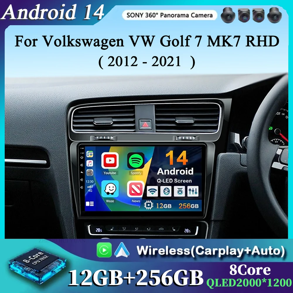 Для Volkswagen VW Golf 7 MK7 RHD 2012-2021 2K 12 + 256 QLED Android 14 CarPlay Автомобильный радиоприемник