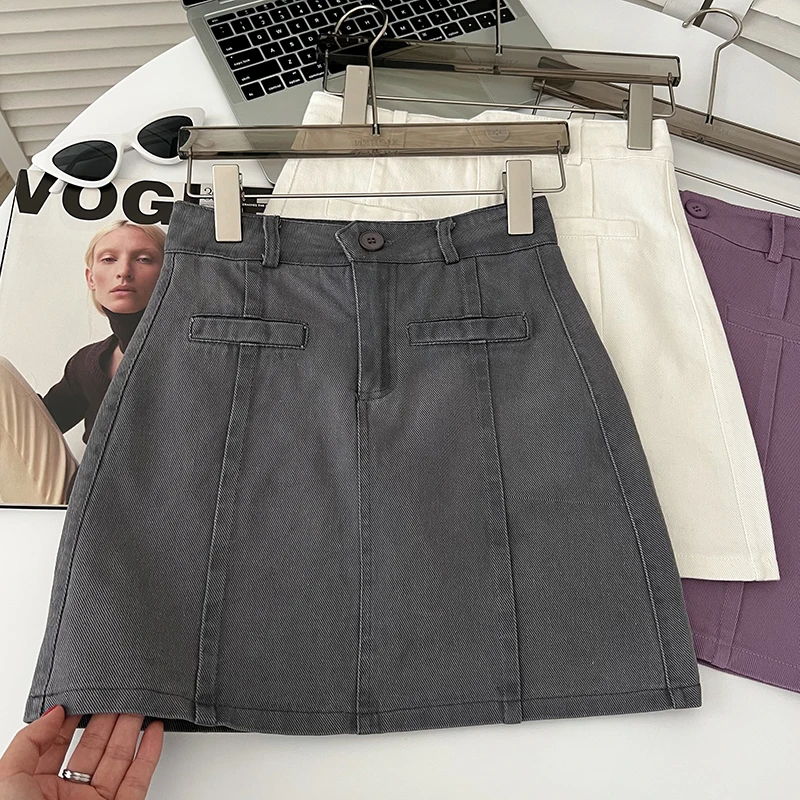 

Women's Korean Version of Casual All-match One Button High Waist Slim Denim Skirt Anti-light Skirt A-line Skirt Bag Hip Skirt