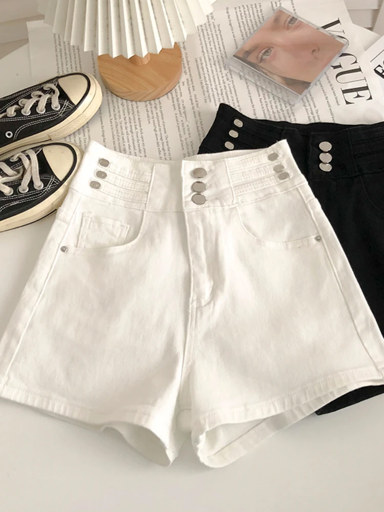 

FTLZZ новые летние однобортные джинсовые шорты женские повседневные с высокой талией широкие однотонные джинсовые шорты модные прямые шорты