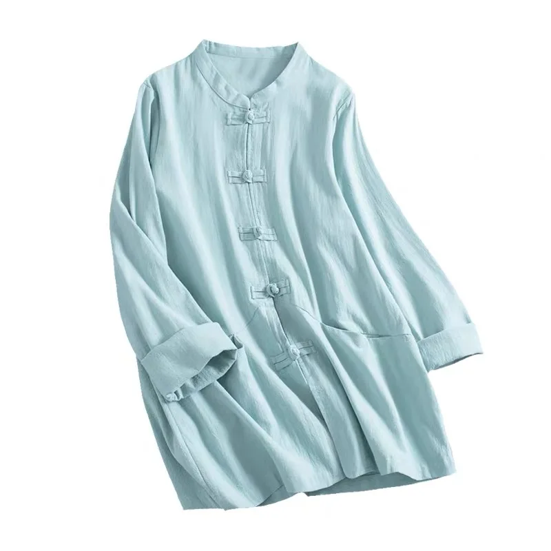 Хлопково-льняной кардиган в китайском стиле пальто на пуговицах топ с длинными