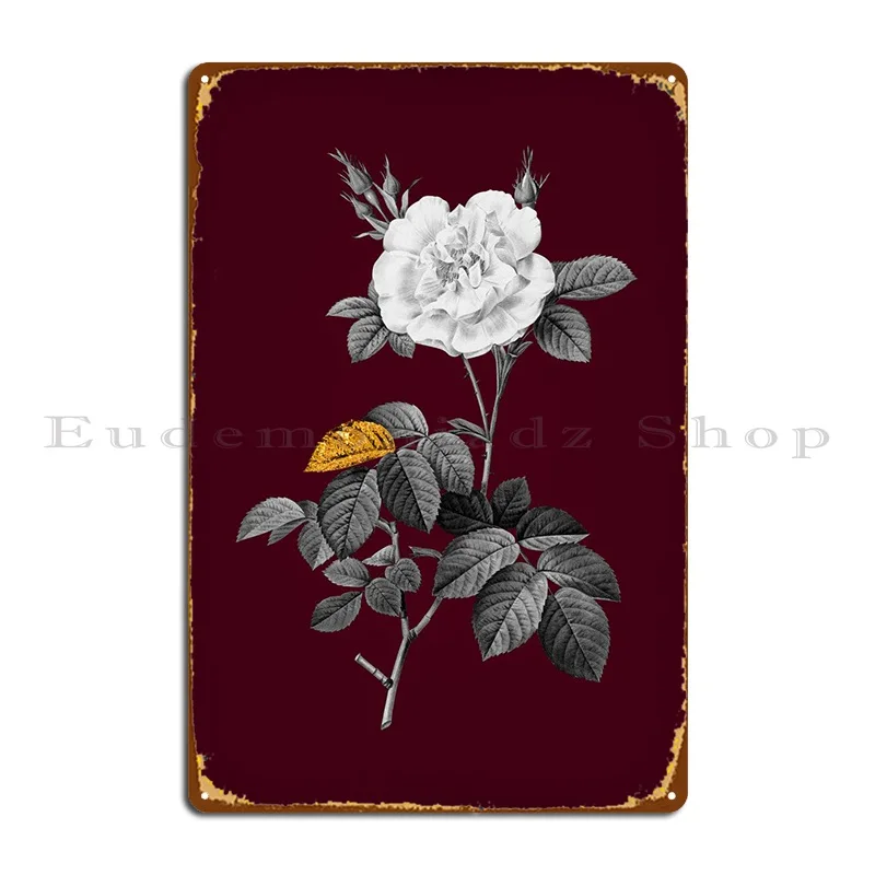 

White Rose On Crimson Metal Sign Wall Mural Party Garage Designing Club Tin Sign Poster