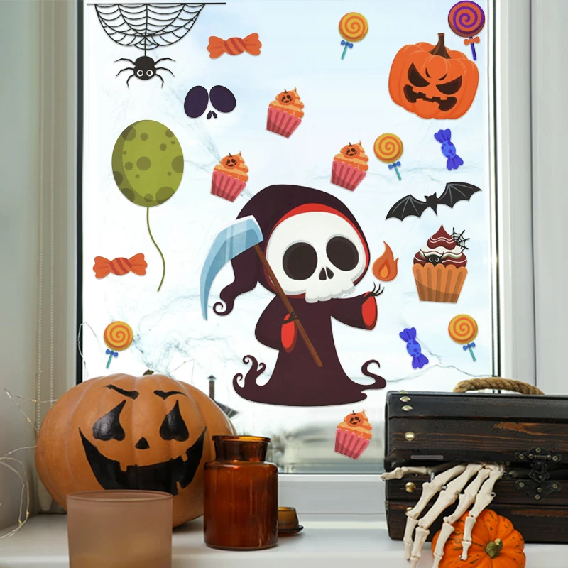Симпатичные Мультяшные наклейки на окна Хэллоуин ведьма летучая мышь Тыква