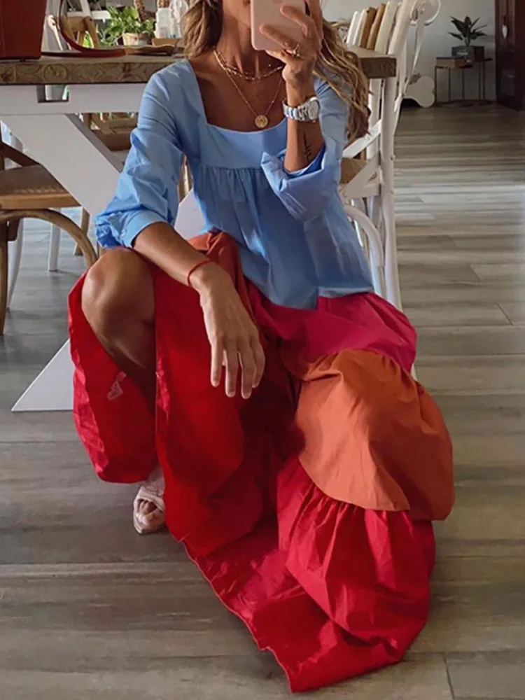 

Women Vintage Long Sleeve Patchwork Pleated Dresses Ladies Sexy Slash Neck Loose Party Dress Summer Casual Female Dress