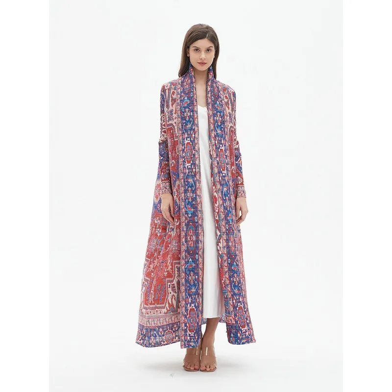 Женское винтажное платье-кардиган с поясом длинным рукавом и принтом