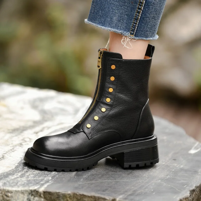 

Street Style Winter Shoes Woman Casual Boots Spring Autumn Botas Zippers Round Toe Cowhide Street Shoes Square Heel Size 42