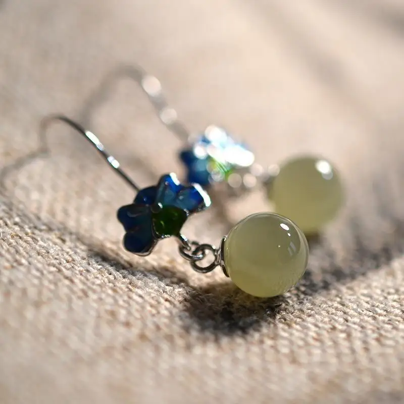 

Plating White Gold Enamel Cloisonné with Hotan Jade Round Bead Classical Antique Chinoiserie Earrings Women's Gift