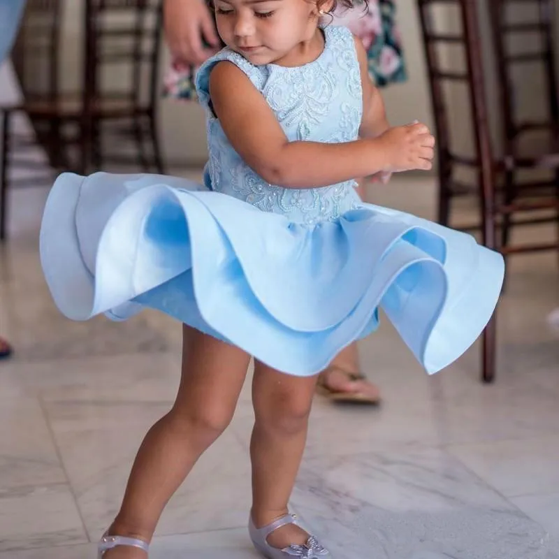 

Sky Blue Mini Short Flower Girls Dresses Tiered Party Toddler Pageant Baby Birthday Gowns Kids Cupcake First Communion Dress