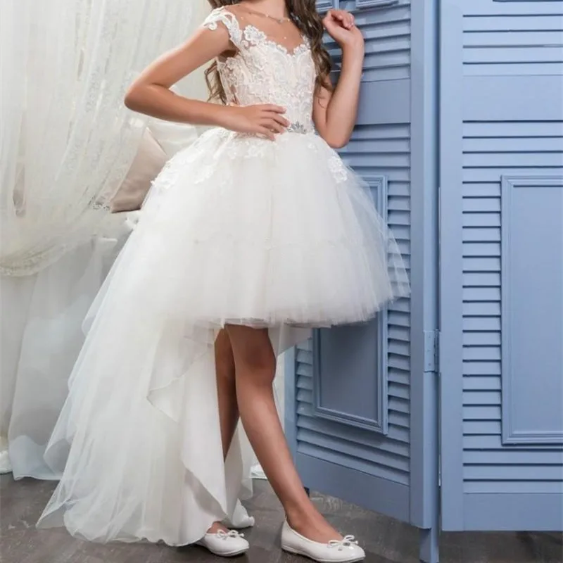 

Formal High Low Flower Girls Dresses For Wedding Sheer Neck Cap Sleeves Lace Pearls Tulle Toddler Holiday Birthday Party Dress