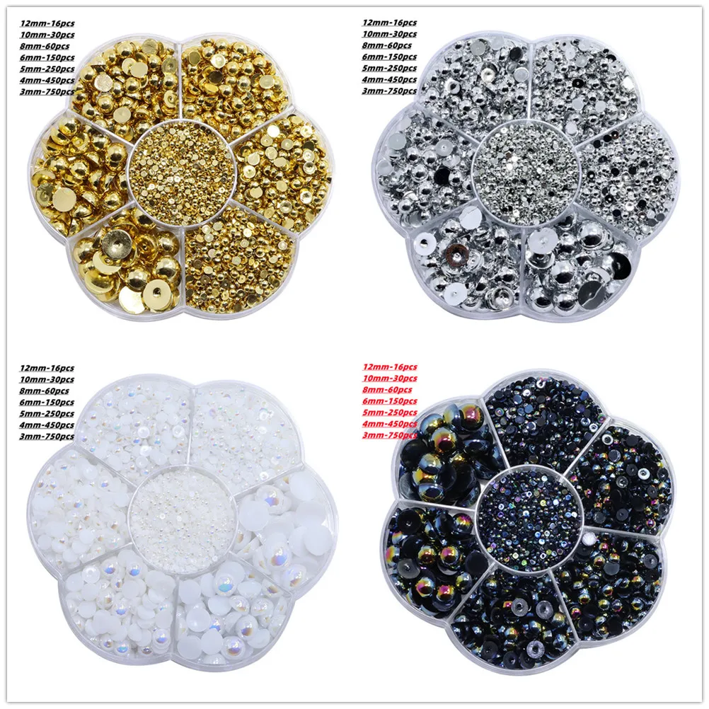

3-12mm 1650pcs/box AB Color Half Round Beads ABS Imitation Pearl Craft Half Round Flat Back Beads DIY Nail Art Decoration