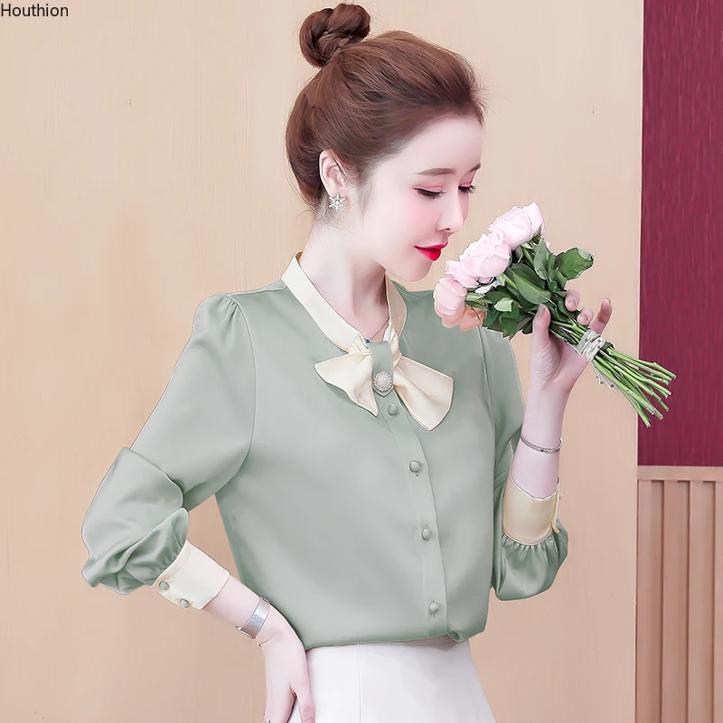 

Women's Blouse Pure Color Stitching Satin Top V-neck Shirt Fashion Casual Spring Summer Long Sleeve Plus Size Houthion