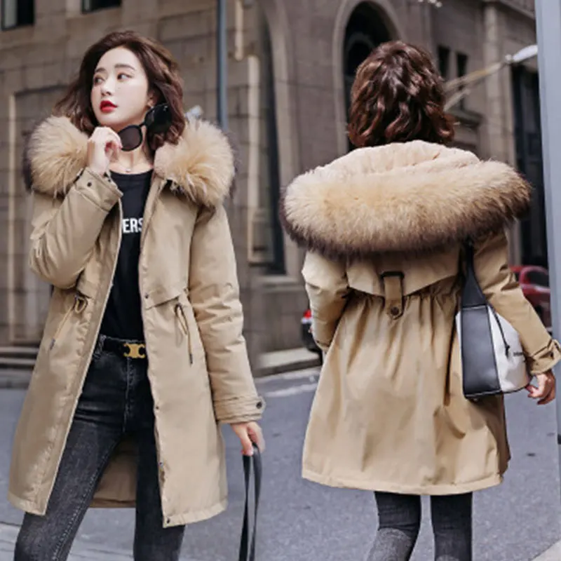 Wool Liner Parkas New Female Plus Size M-6XL Fur Solid Cotton Coat Women Winter Warm Mid-Long Jackets Hooded Parka Thick Jacket