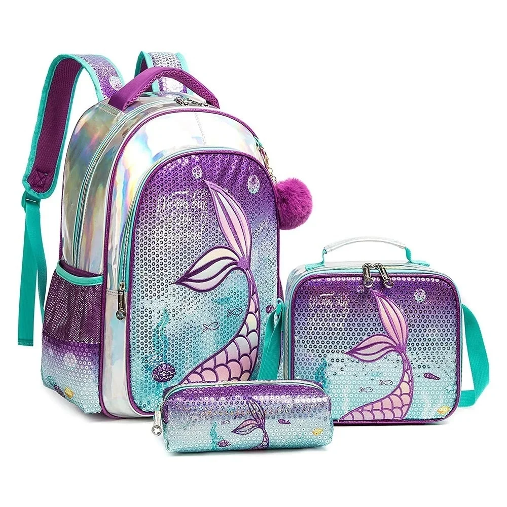 

School Backpack Girls 16 Inch Girls School Sequin Backpack with Lunch Box Backpack Women Girls School Supplies Set Bags