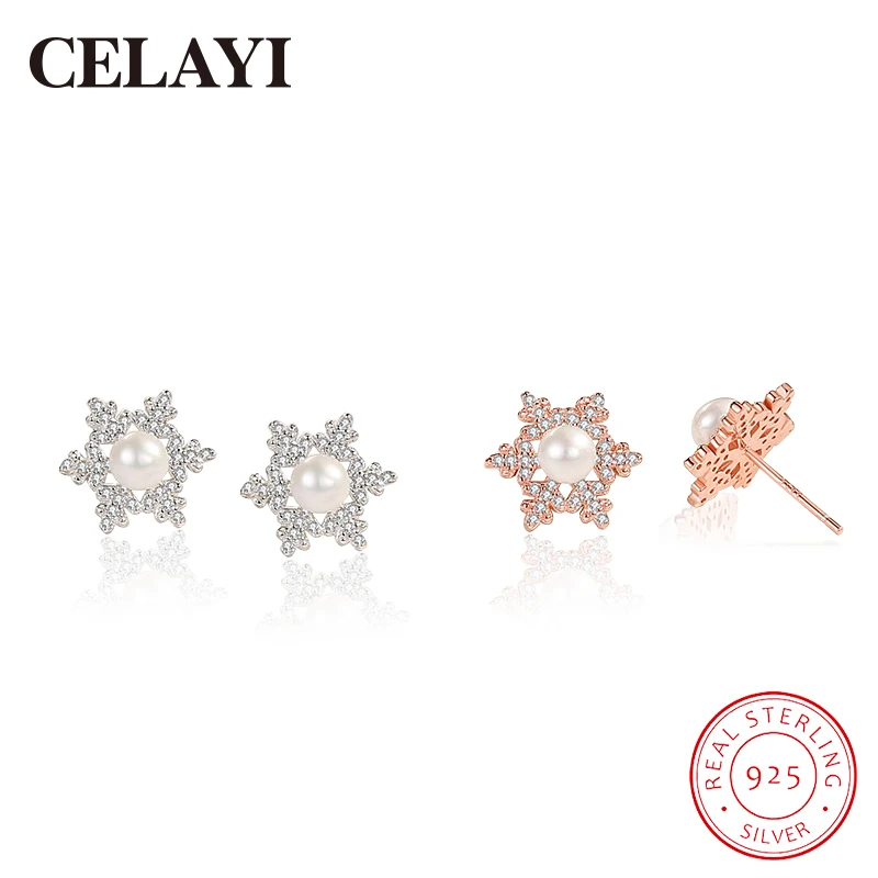 

CELAYI 100% S925 Silver Zirconia Stud Earrings Hexagonal Snowflake Stud Earrings Vintage Versatile Pearl Earrings Jewelry Gift