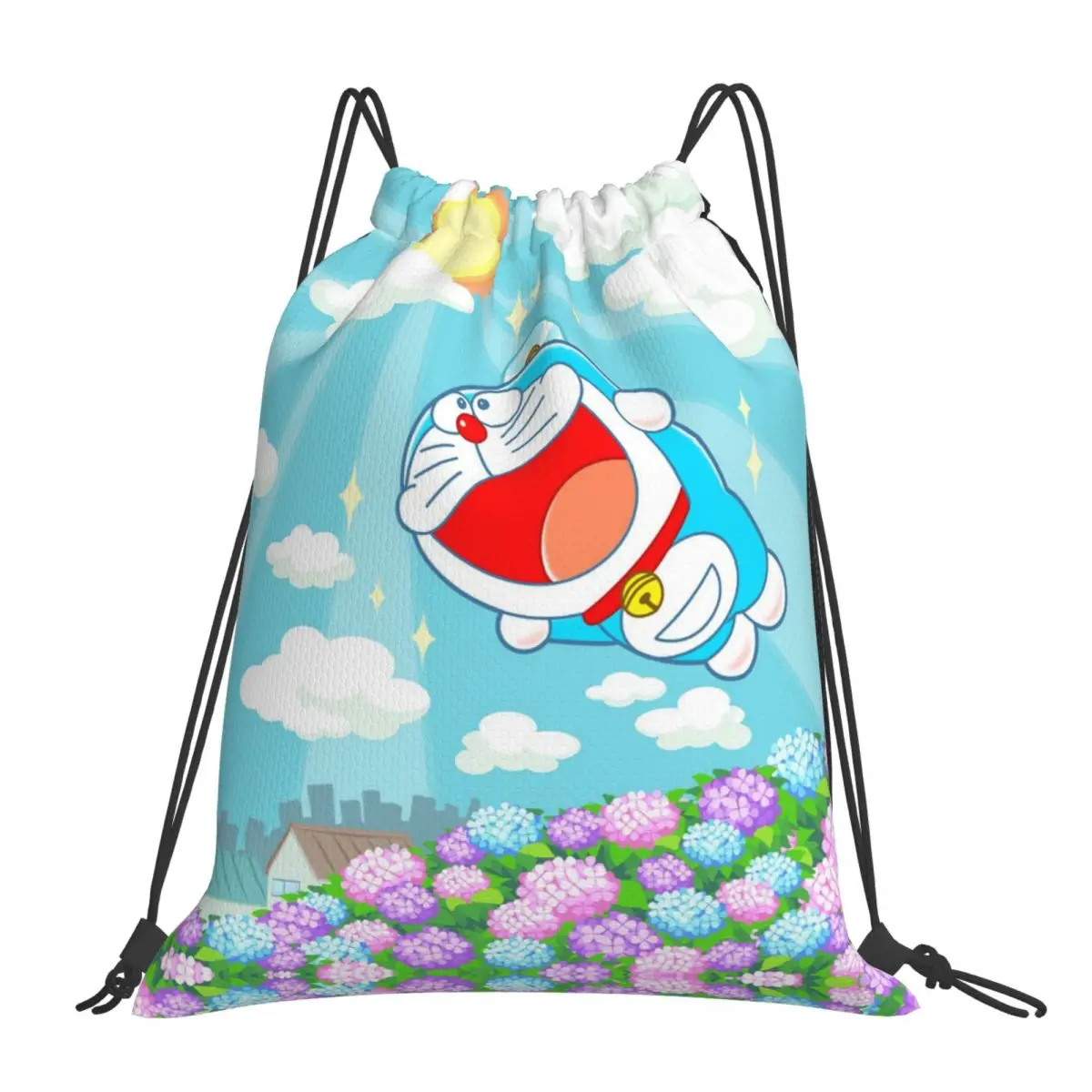 

Sunny Day Doraemon Robot Cat Print Drawstring Storage Backpack Teenager Travel Bag Multi-function Pocket