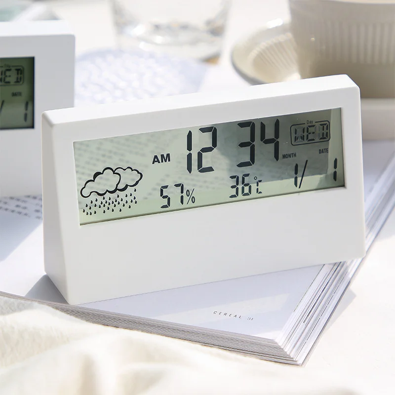 

LCD Clock Temperature and Humidity Meter Electronic Alarm Clock Weather Station Display Children Students Mini Alarm