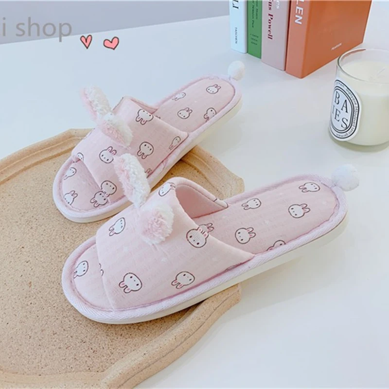 Cute Rabbit Ears Slippers Kawaii Indoor Slippers Open Toes Lady Girl Women Home Shoes Comfortable Flat Sweaty Non-slip Summer images - 6