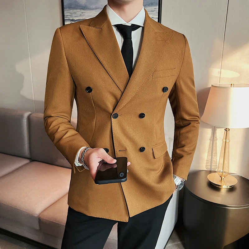 

British Style Double Breasted Men Blazers Solid Color Casual Suit Jacket Male Business Wedding Social Dress Coat Costume Homme