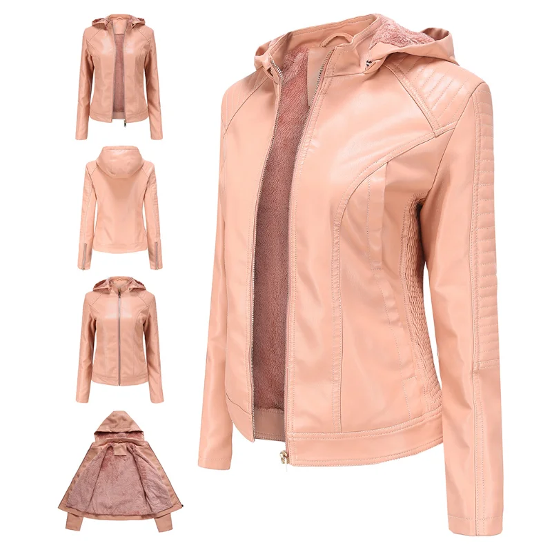 Women's Removable Hooded Faux Leather Jacket Motorcycle Moto Biker Short Coat Fall and Winter Fashion Casual Slim PU Bomber Coat enlarge