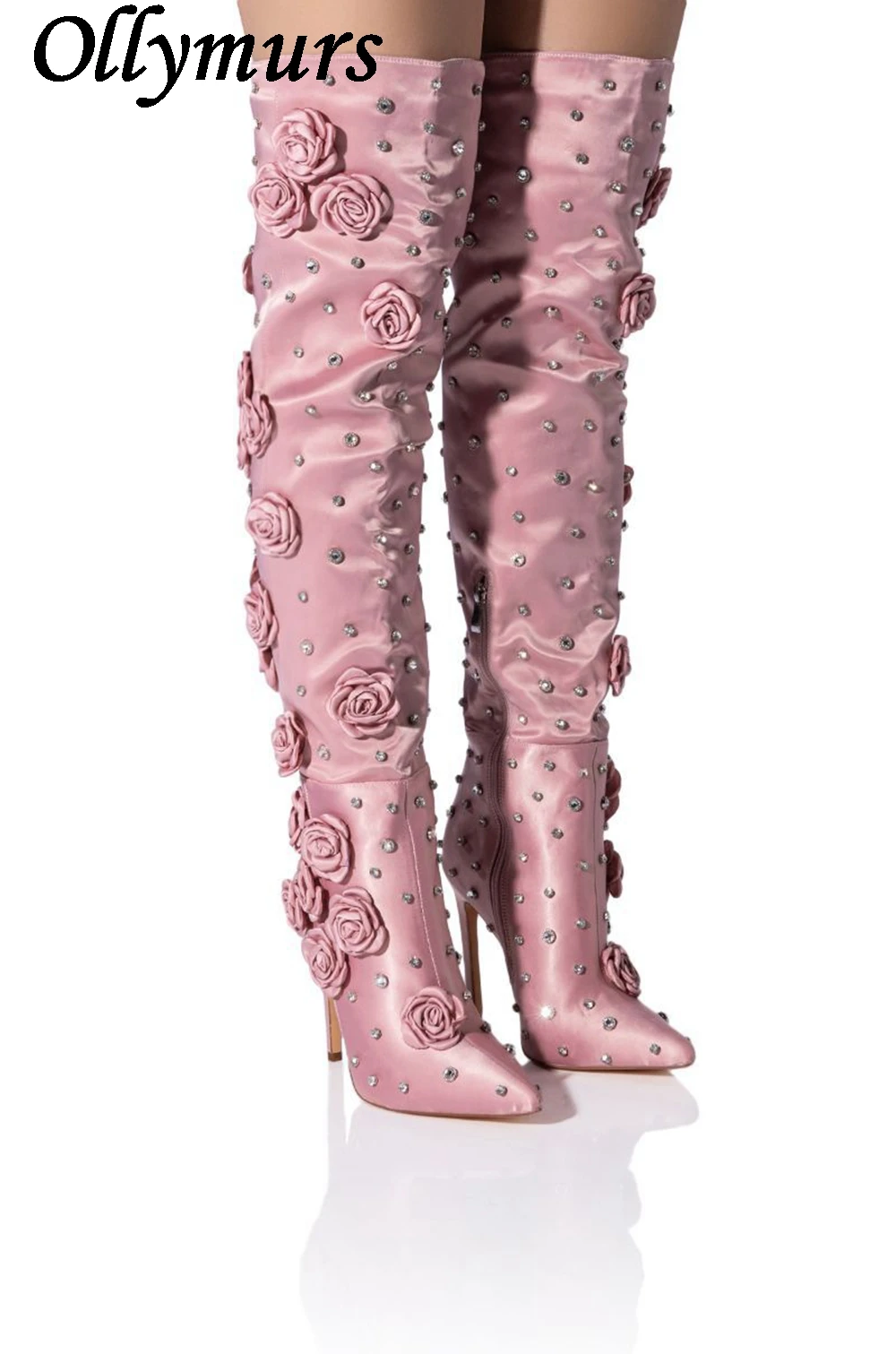 

Fashion catwalk stiletto heel pink rhinestone flower women's shoes personality over the knee high thigh high boots women shoes