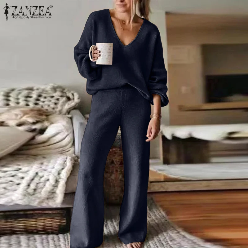 

Women Casual Long Sleeve Top Wide Leg Pants 2022 Spring Solid Pant Sets ZANZEA Loose Office Matching Sets Female Work OL Suits