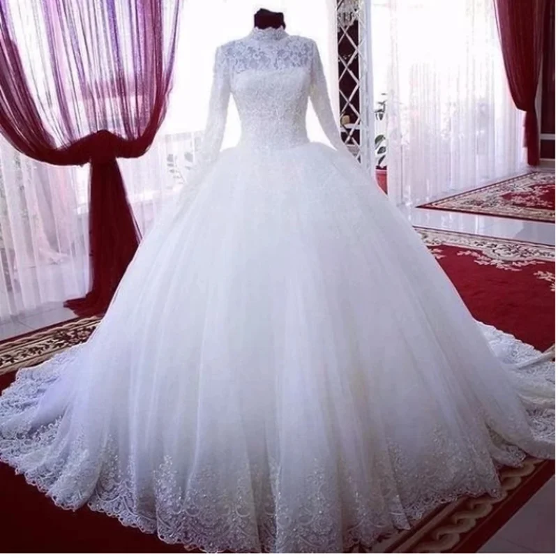 

ANGELSBRIDEP Long Sleeves Muslim Ball Gown Wedding Dresses High Neck Luxury Applique Beaded Tulle Formal Bride Dress Custom Made