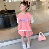 cotton girls short sleeved suit summer new imitation two piece set western style medium and large childrens two piece set
