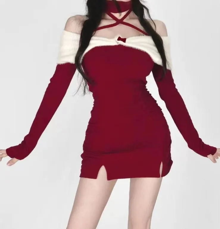 

Рождественское красное мини-платье, женская одежда, женское облегающее короткое платье с длинным рукавом и открытыми плечами, элегантные повседневные платья с лямкой на шее