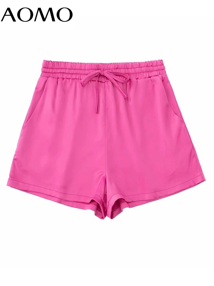 

AOMO Women Vintage Pink Shorts Strethy Waist Pockets Female Retro Casual Shorts Pantalones 3H105A