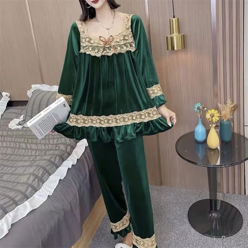 Velvet Princess Pajamas Set Sexy Lace Sleepwear For Women Full-Sleeve Autumn Soft Pyjama Women's Comfortable Sweet Homewear