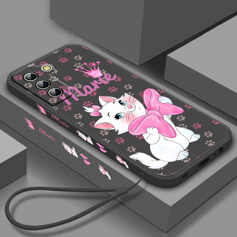 

Cartoon Marie Cat Phone Case For Samsung Galaxy S23 S22 S21 S20 S10 S9 Ultra Plus Pro FE Liquid Left Rope Phone Case Coque Capa