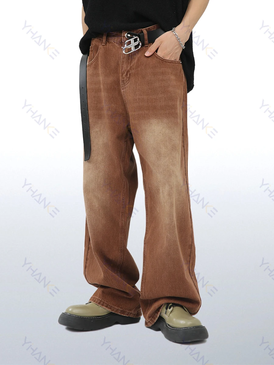 

European and American Men Retro Brown Vibe Washed Jeans Korean Version Is Thin and Loose Straight Casual Wide-leg Pants HIP HOP