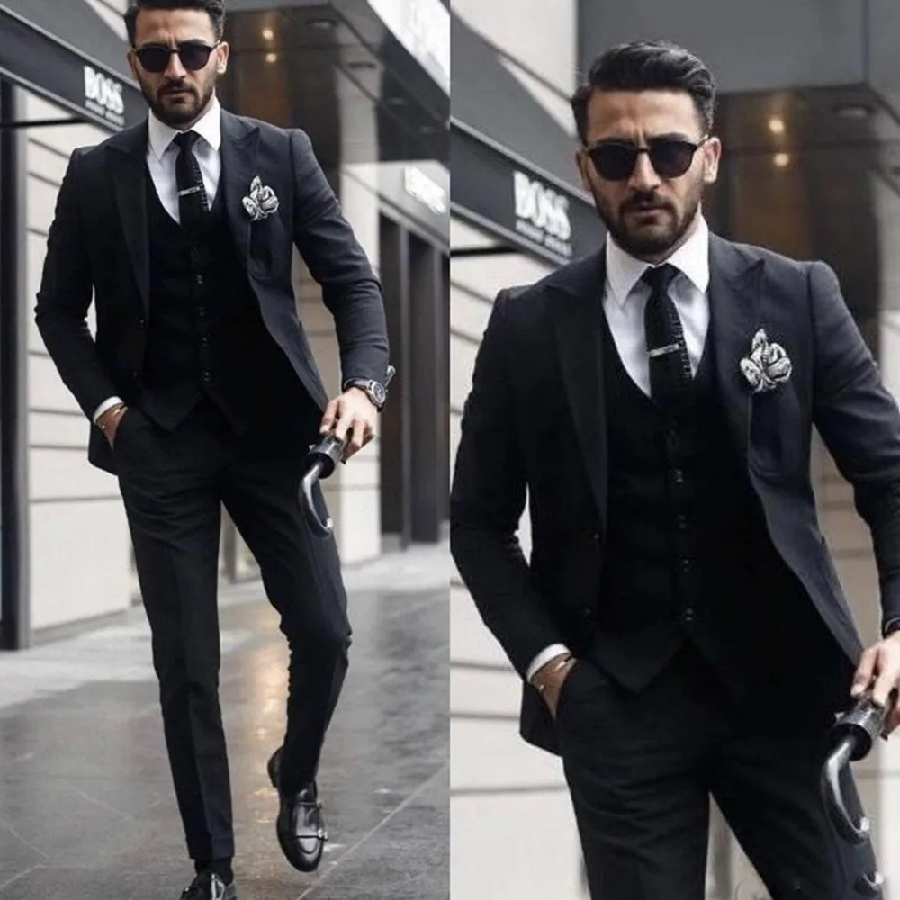 

Boss Men Suits for Wedding Lapel Gentle Groom Wear Slim Fit Groomsmen Wedding Tuxedos 3 Piece Jacket Pants Vest Best Man Blazer
