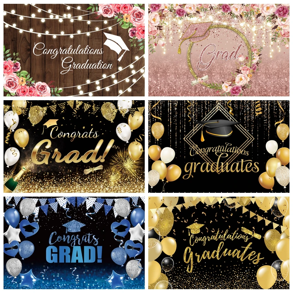 

Congratulation 2023 Graduation Photography Backdrop Gold Glitter Balloon Bachelor Hat Photographic Background Photo Studio Props