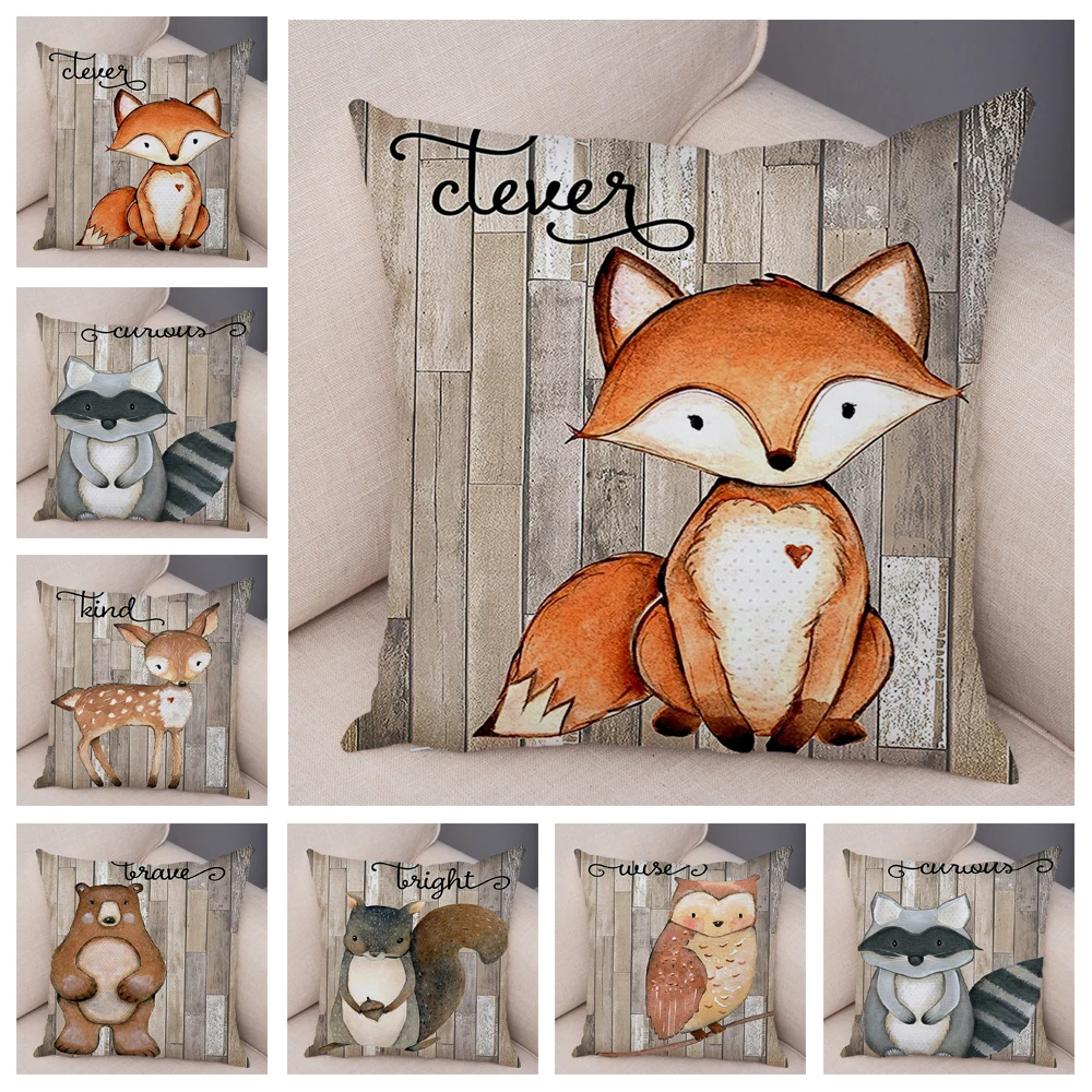 

Owl and Nordic Fox Pillow Cover, Cute Animal Cartoon Colorful Cover, Sofa Cushion, Pillowcase, Left