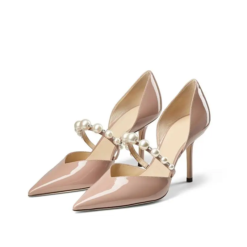 Europe and the United States 2023 spring and summer new pointed toe high heels fashion luxury pearl hollow v mouth ladies sandal