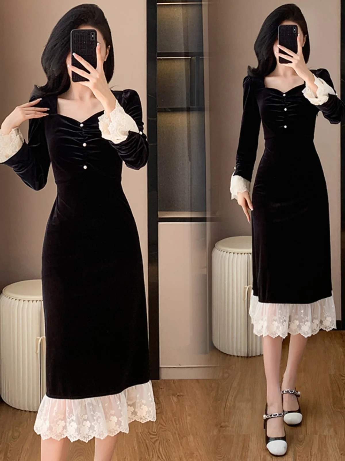 Французское платье Hepburn Sle черное золотое бархатное для женщин новинка 2024 осенняя