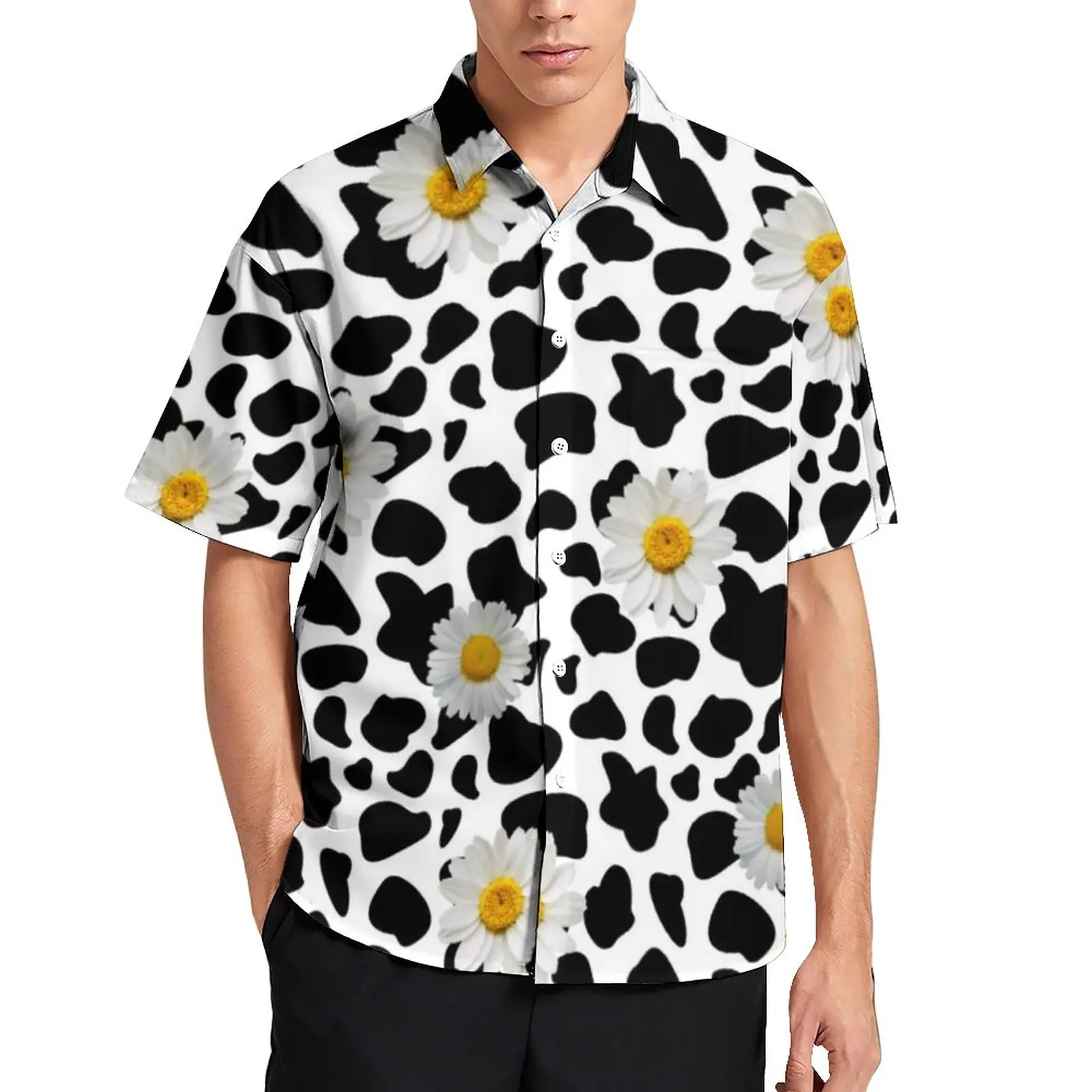 

Daisy Cow Print Blouses Men Floral Animal Cowprint Casual Shirts Hawaii Short Sleeve Graphic Streetwear Oversized Beach Shirt