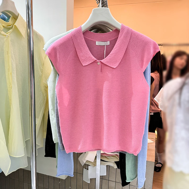 Thirteen Lines Summer New Korean Sle Lapel Pullover Half Sleeve T-shirt Loose Thin Dark Blue Casual Vest Top