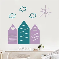 cartoon houses wall decals with clouds and sun stickers removable vinyl murals bedroom livingroom decor wallpaper hj1545
