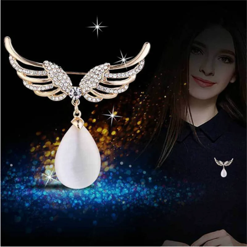 

Classic Rhinestone Angel Wings Brooch Pins Opal Water Drop Brooches for Women Jewelry Clothing Pin Accessories Party Gift