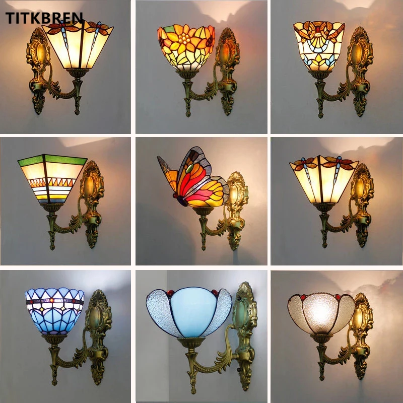 European Style Tiffany Butterfly Wall Lamp Baroque Stained Glass Lampshade Pyramid Art Bedside Lighting Study Aisle LED Fixture