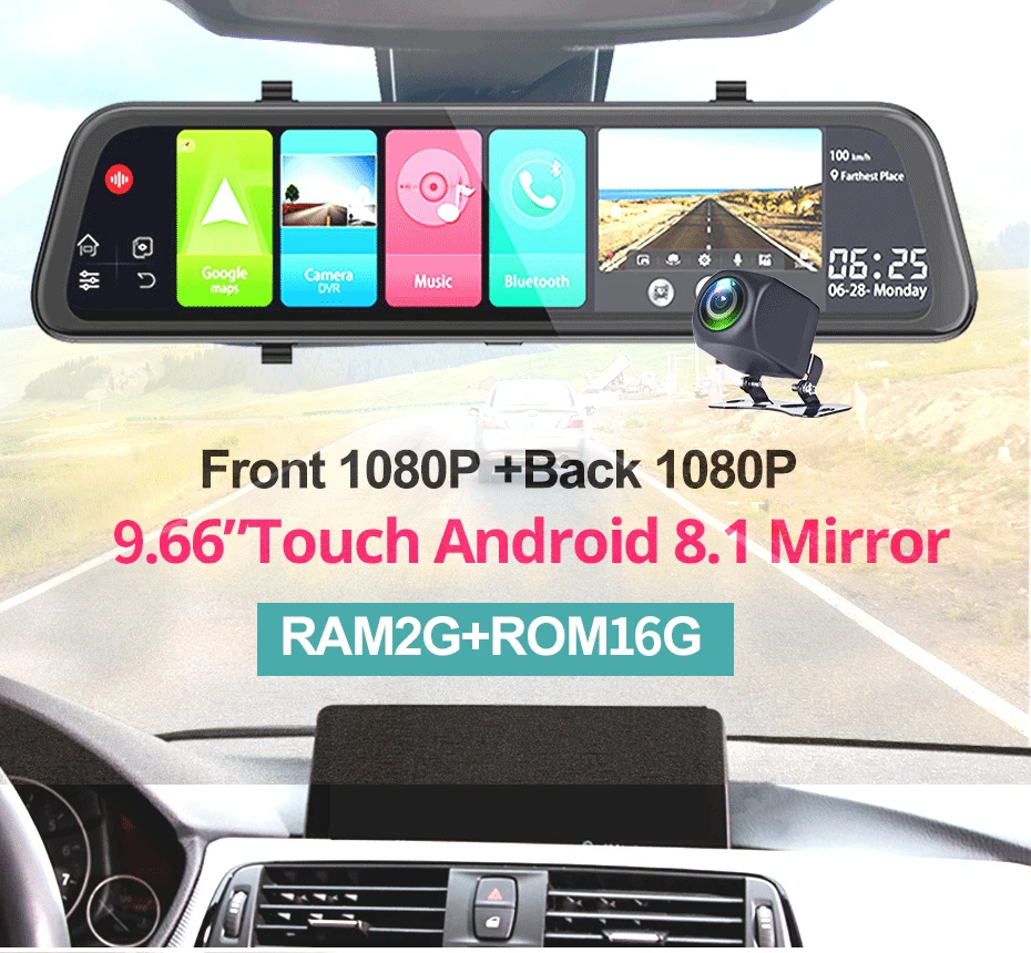 

Blueskysea 9.66 inch Stream Media 4G ADAS Dashboard Car DVR Wifi Dash Cam Rear View Mirror Android Auto Dual car Camera with GPS