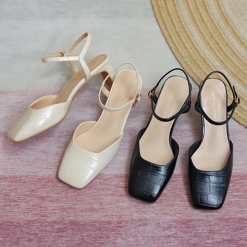 

Genuine Leather Women's Shoes Fashion Simple High Heels Square Toe Slingback Pumps Spring Summer Ladies Sandals High Quality